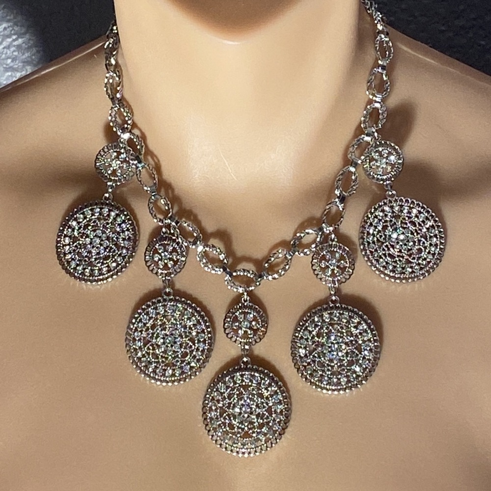 WHBM - silver tone bib necklace w 5 large & small rhinestone discs, multi chains - Picture 2 of 16
